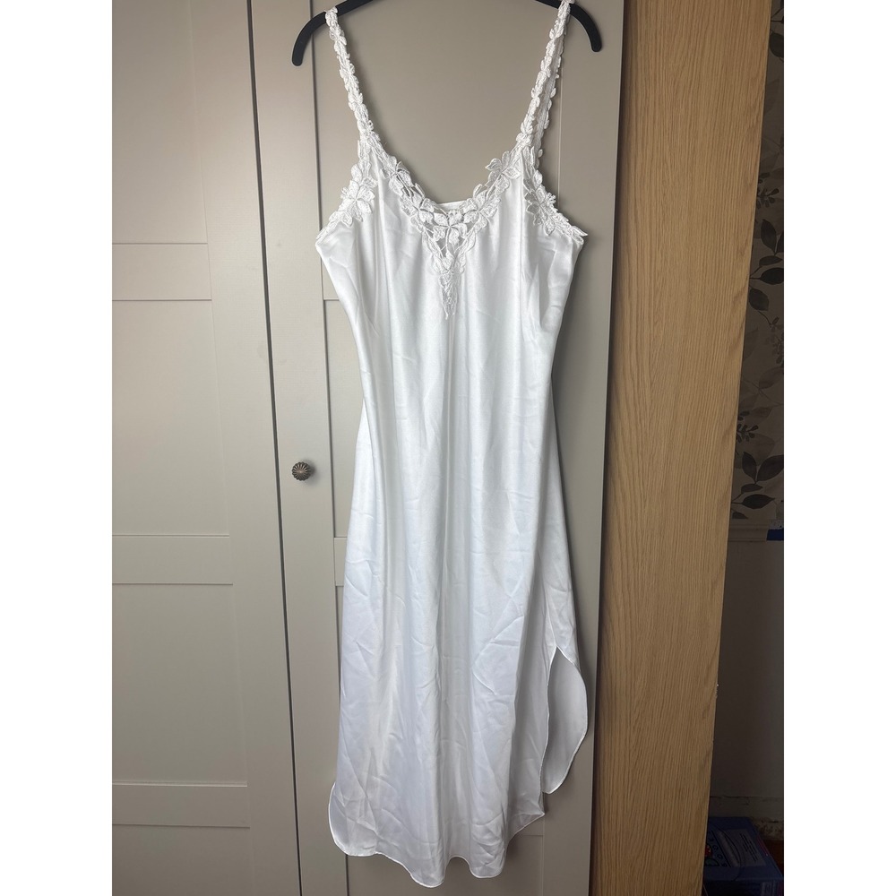 Vintage Dentelle White Satin Lace Trim Slip Dress XL Made in USA